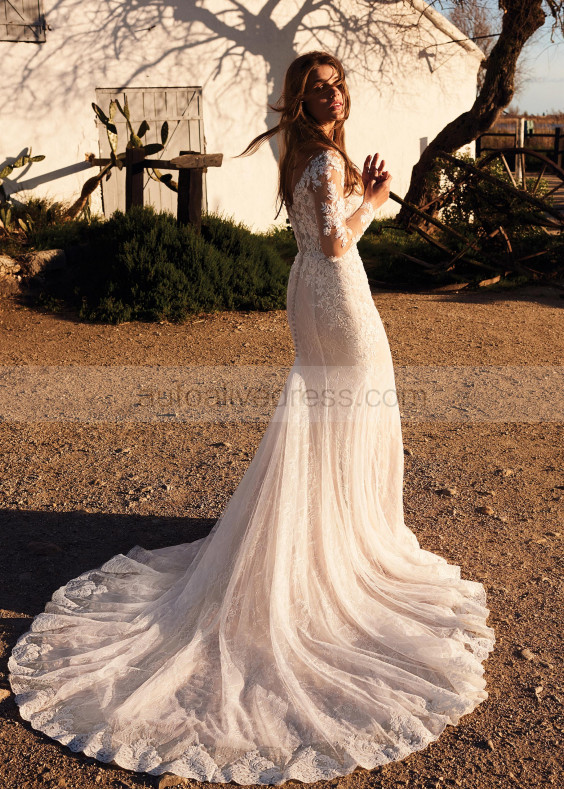 Long Sleeve Beaded V Neck Ivory Lace Tulle Wedding Dress